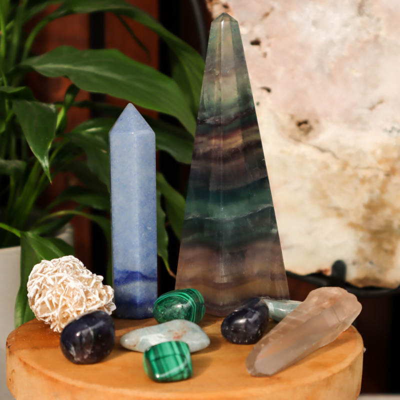 Crystals for developing intuition, dumorturite, fluorite, lemurian seeds, malachite, desert rose