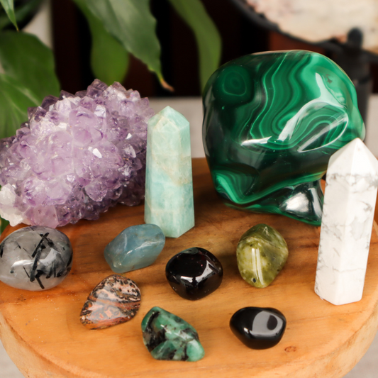 crystals for grief and loss, amethyst, amazonite, malachite, epidote