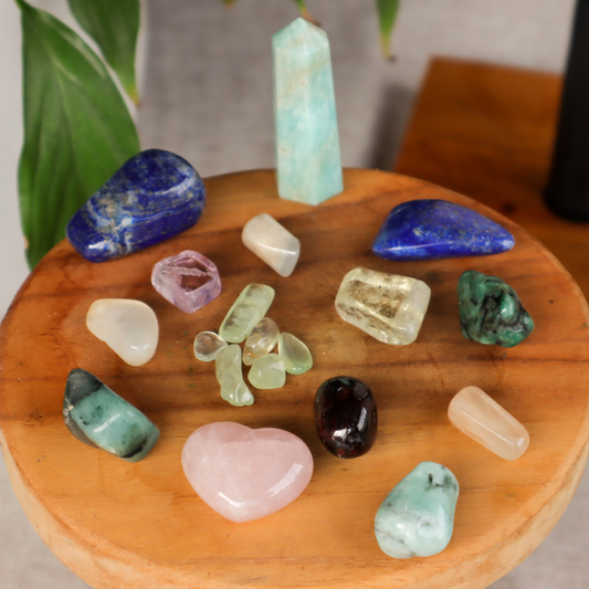Crystals for love and self-love, rose quartz, amazonite, lapis, prehnite