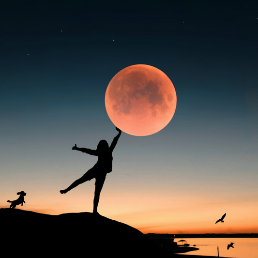 Red moon and human reaching for the moon