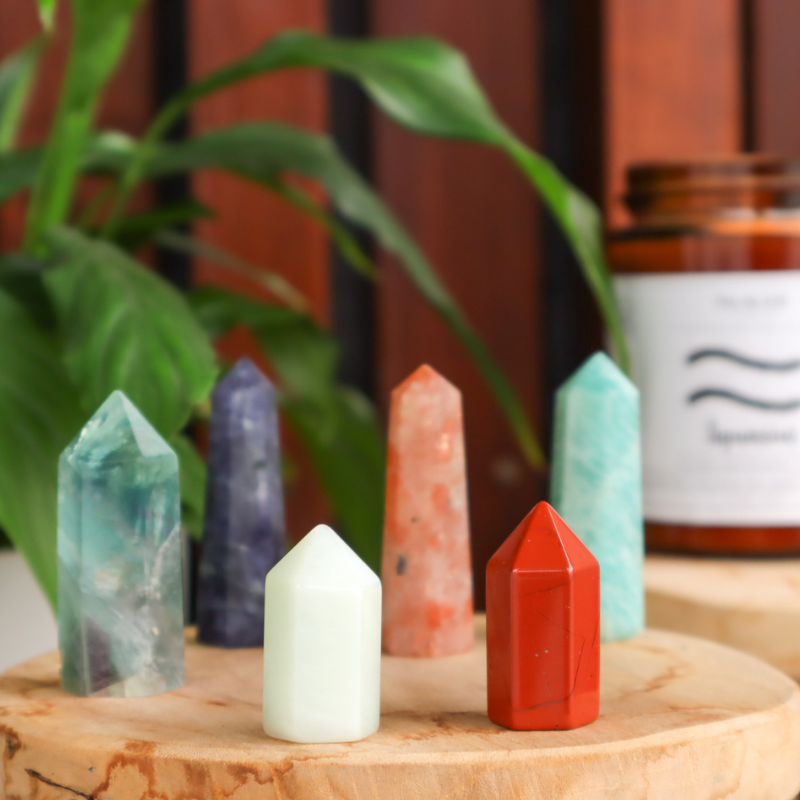 A variety of Mini towers on a wooden tray