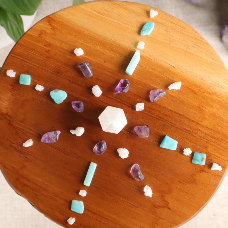 Crystal grids with rose quartz, aquamarine, clear quartz and smokey quartz