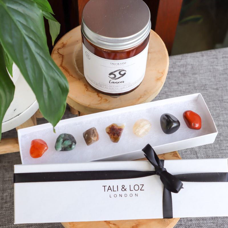 Cancer candle and crystal set on table and a plant 