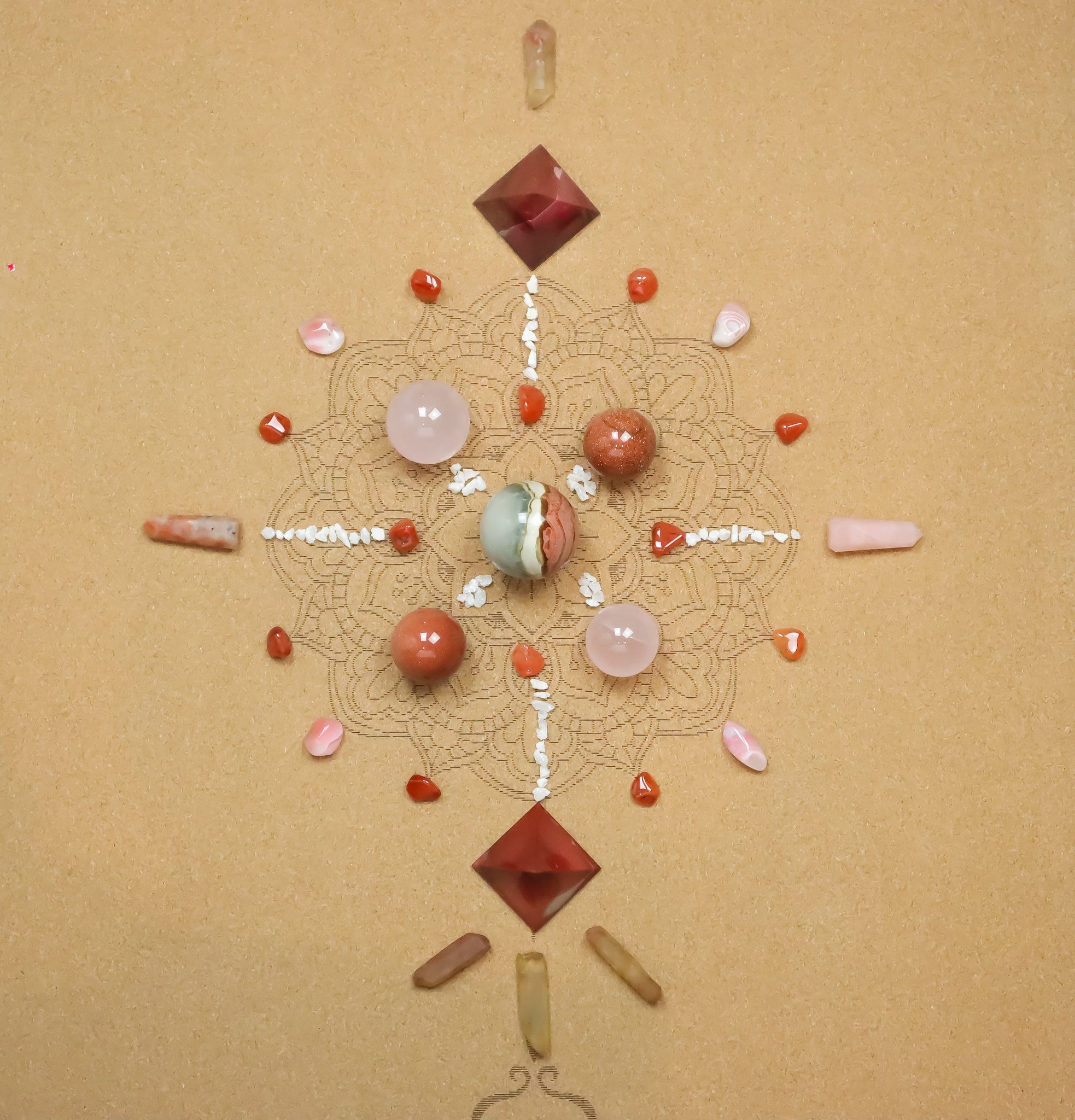 Crystal grid with a variety of shapes pink and red colours