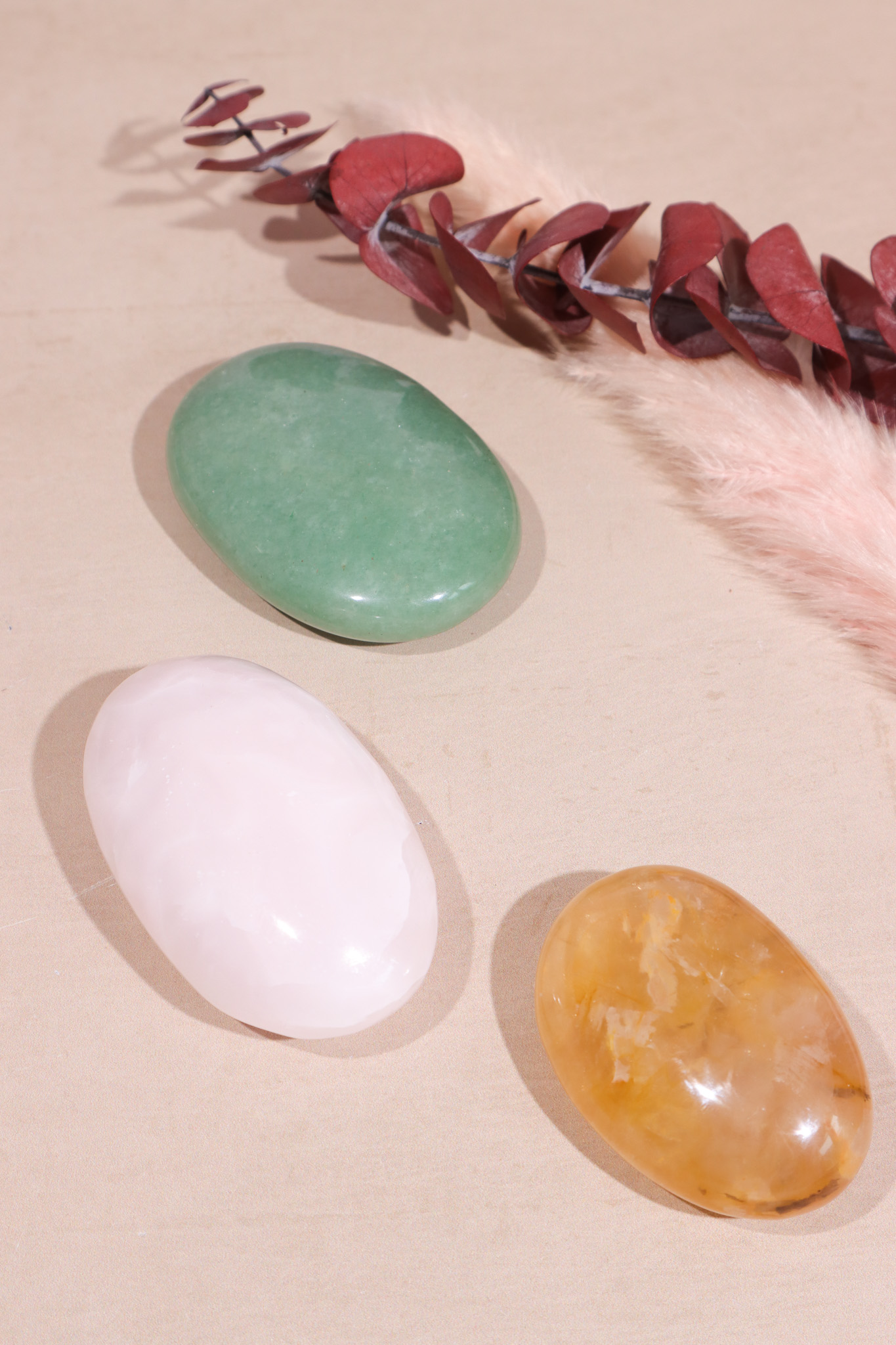 Green Aventurine, Mangano Calcite and Golden healer Quartz palmstones