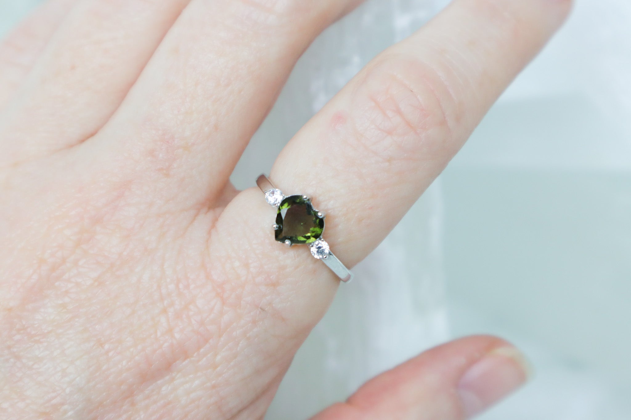 Moldavite Ring in heart shape