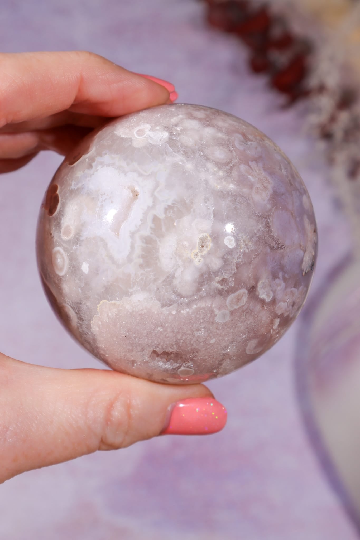Pink Amethyst with Flower Agate & White Quartz Druzy Sphere 6.2cm spheres Tali & Loz Crystals