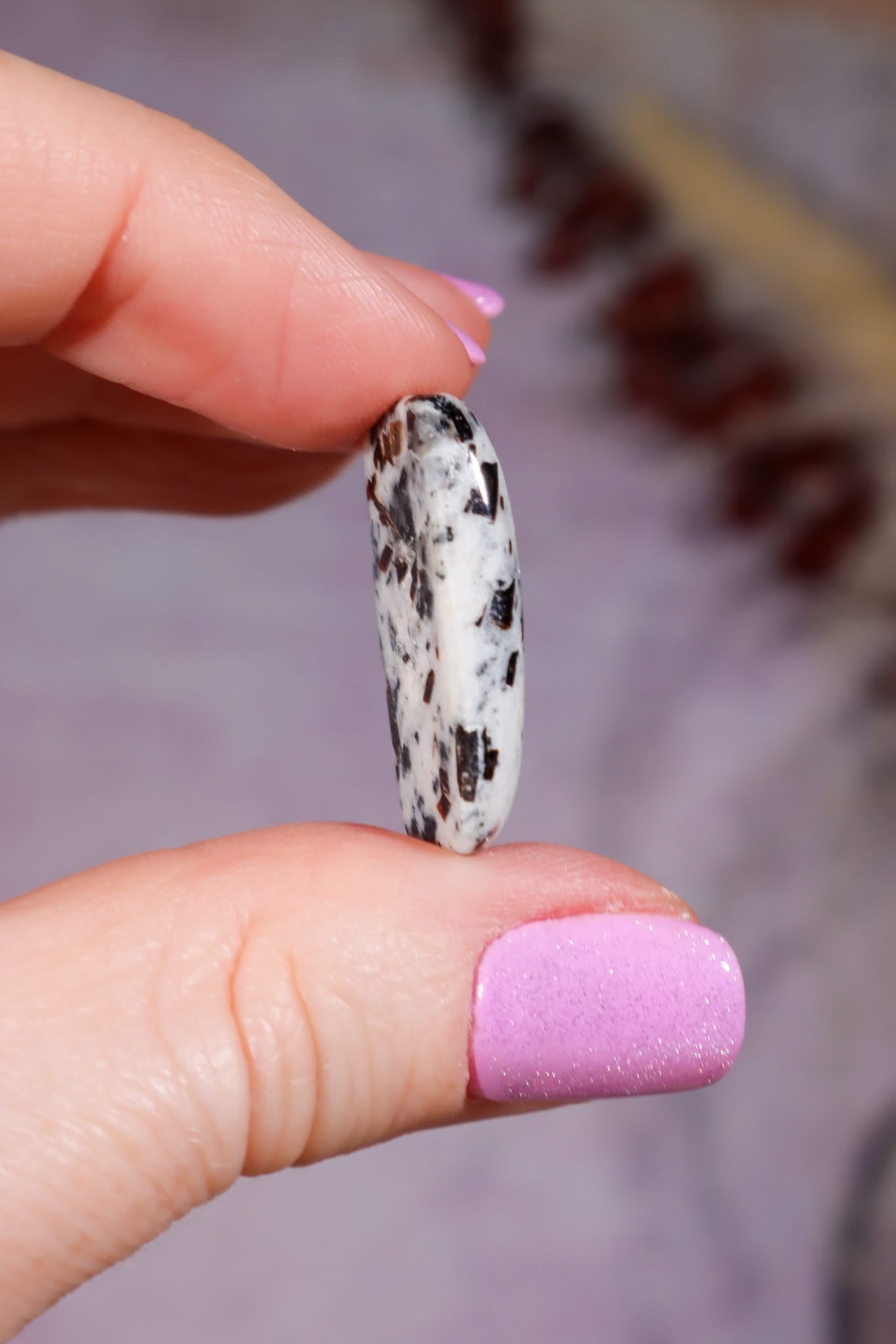 Hand holding a small stone with a blurred background