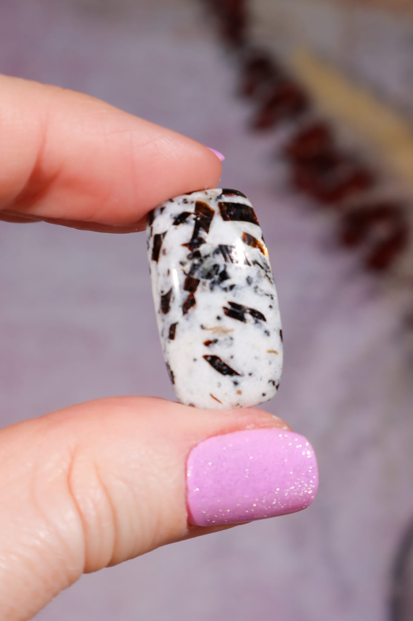Hand holding a small white candy with chocolate chips against a blurred background