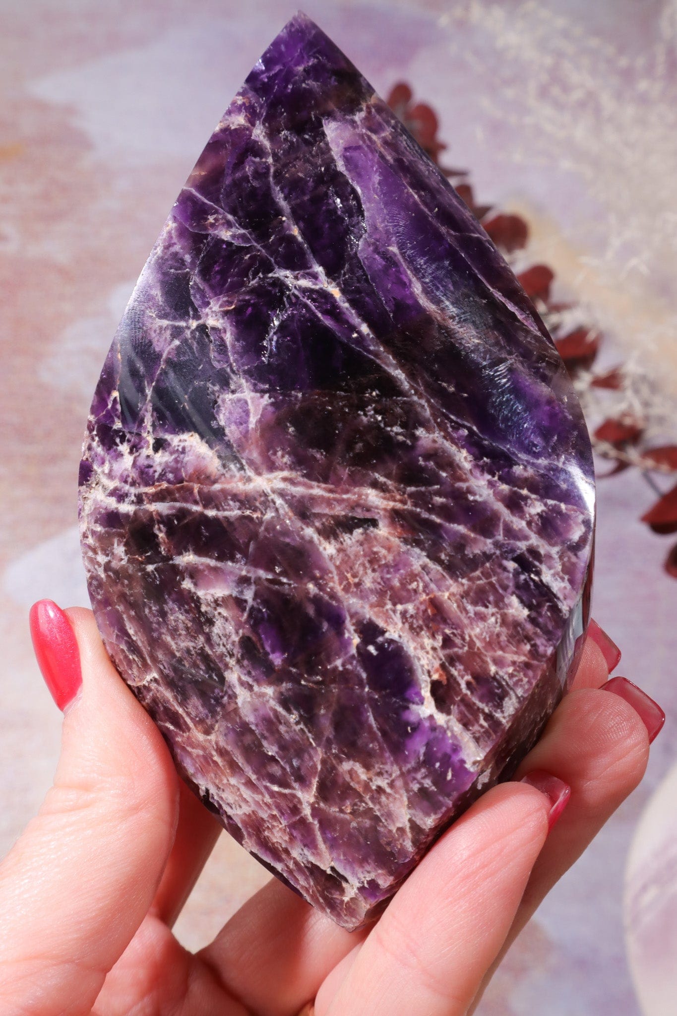 Amethyst Double Terminated Flame With Cacoxenite Carving Tali & Loz Crystals