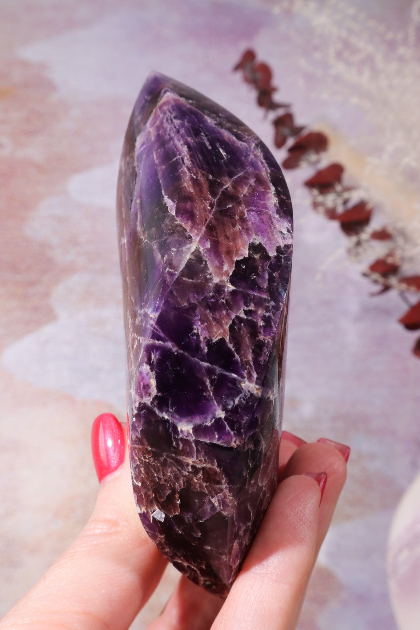 Amethyst Double Terminated Flame With Cacoxenite Carving Tali & Loz Crystals