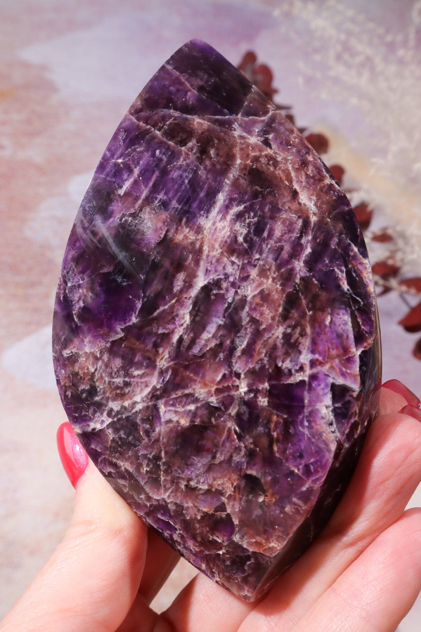 Amethyst Double Terminated Flame With Cacoxenite Carving Tali & Loz Crystals