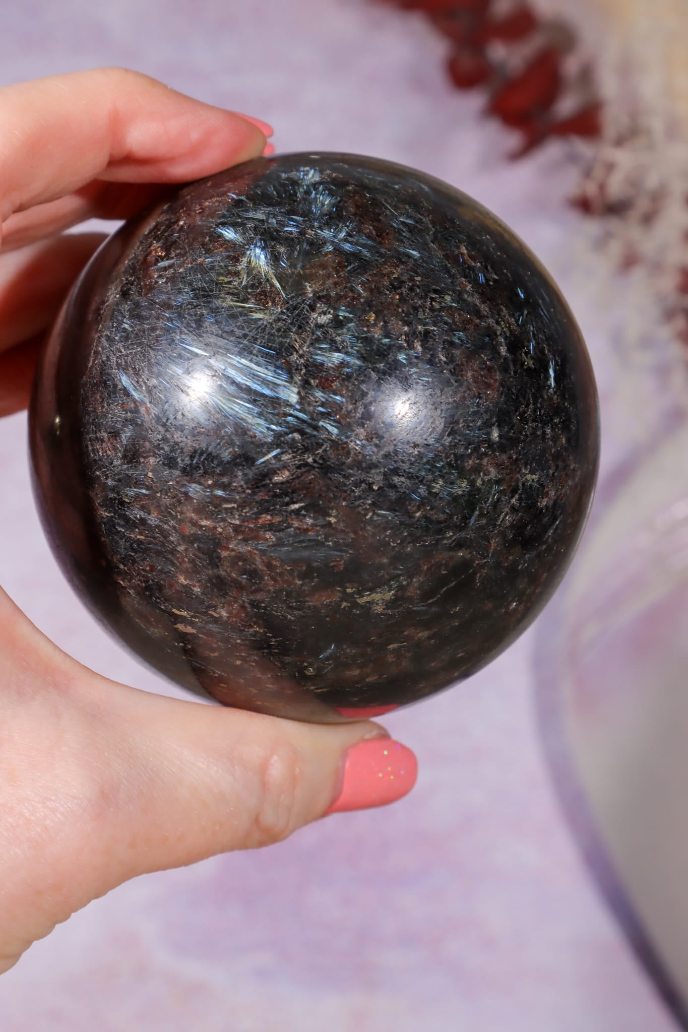 Arfvedsonite with Garnet and Pyrite Spheres 7.5cm, China Spheres Tali & Loz Crystals