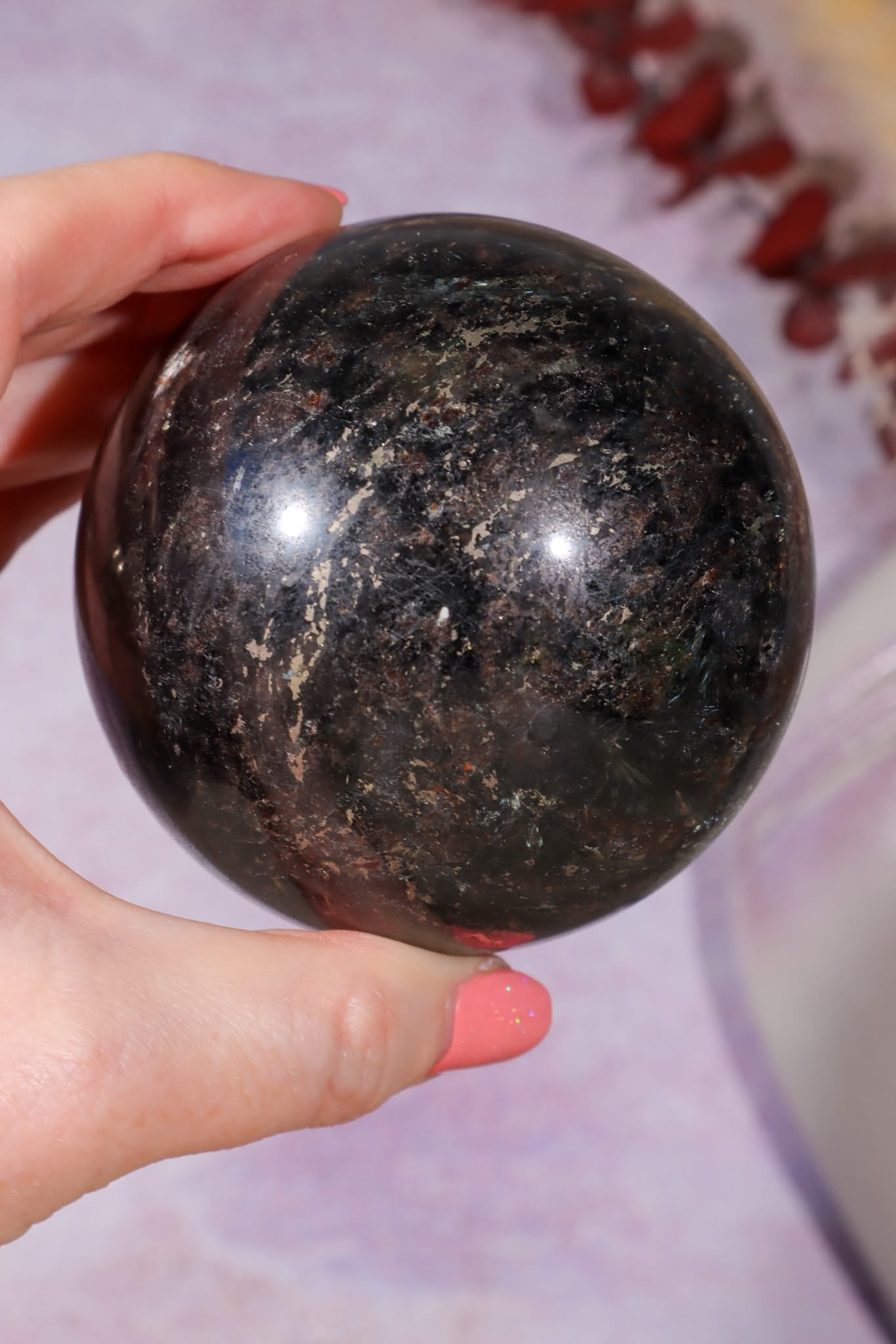 Arfvedsonite with Garnet and Pyrite Spheres 7.5cm, China Spheres Tali & Loz Crystals
