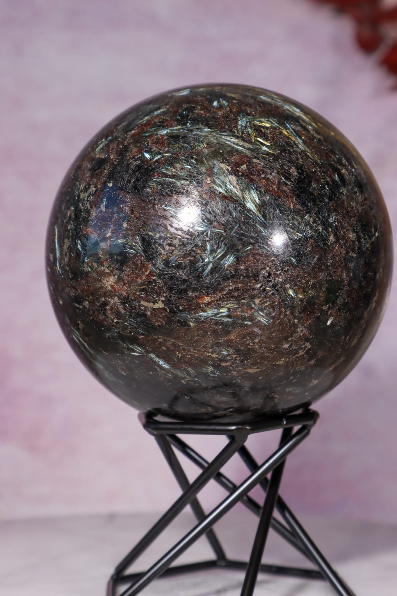 Arfvedsonite with Garnet and Pyrite Spheres 7.5cm, China Spheres Tali & Loz Crystals