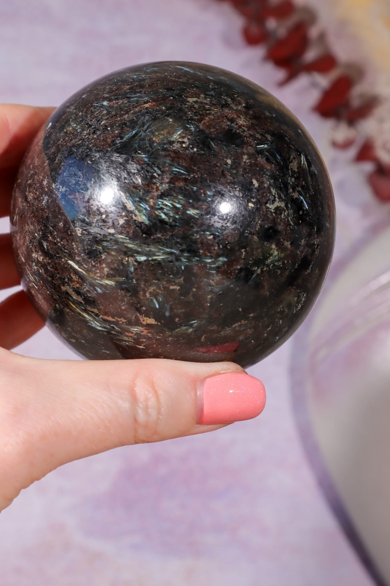 Arfvedsonite with Garnet and Pyrite Spheres 7.5cm, China Spheres Tali & Loz Crystals