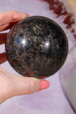 Arfvedsonite with Garnet and Pyrite Spheres 7.5cm, China Spheres Tali & Loz Crystals