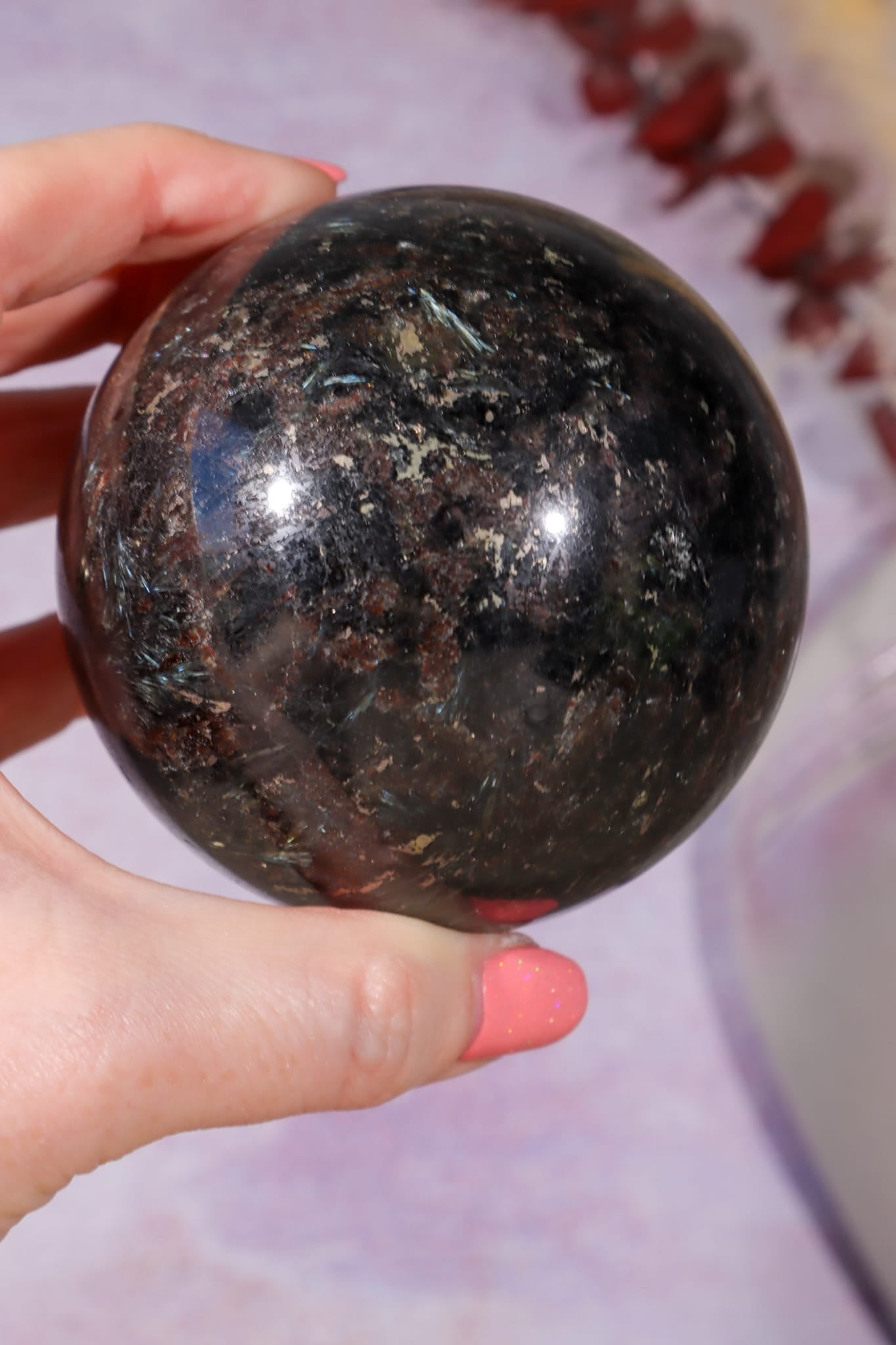 Arfvedsonite with Garnet and Pyrite Spheres 7.5cm, China Spheres Tali & Loz Crystals