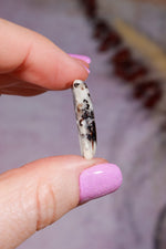 Hand holding a small, cylindrical object with black and white patterns against a blurred background