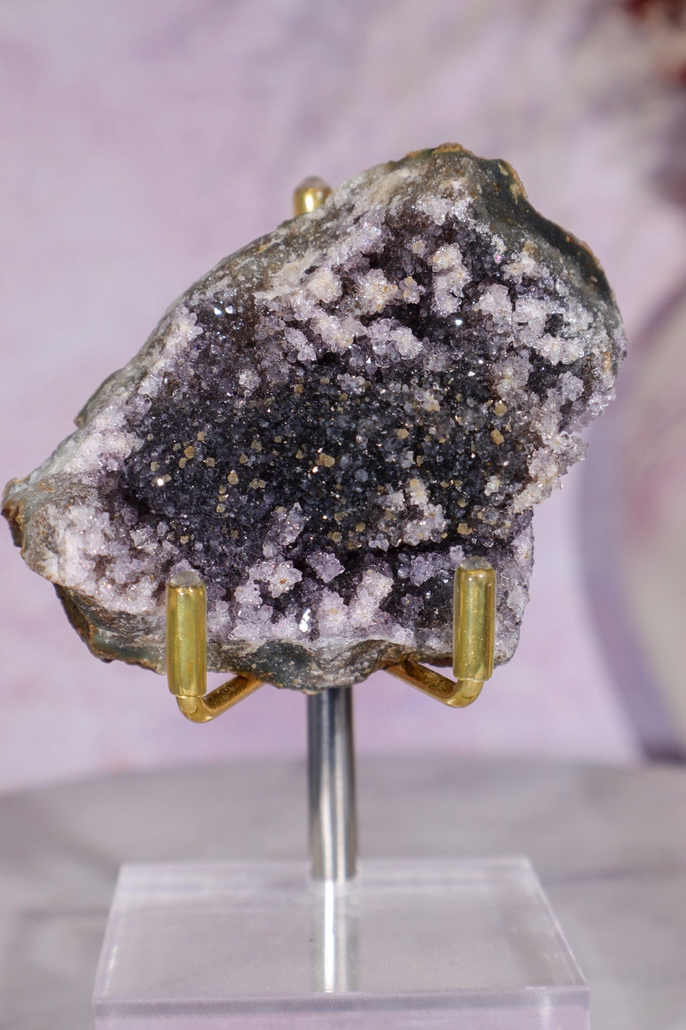 Black Amethyst and Flower Amethyst Specimen with Natural Calcite Dusting 6.5cm, Uruguay Specimen Tali & Loz Crystals