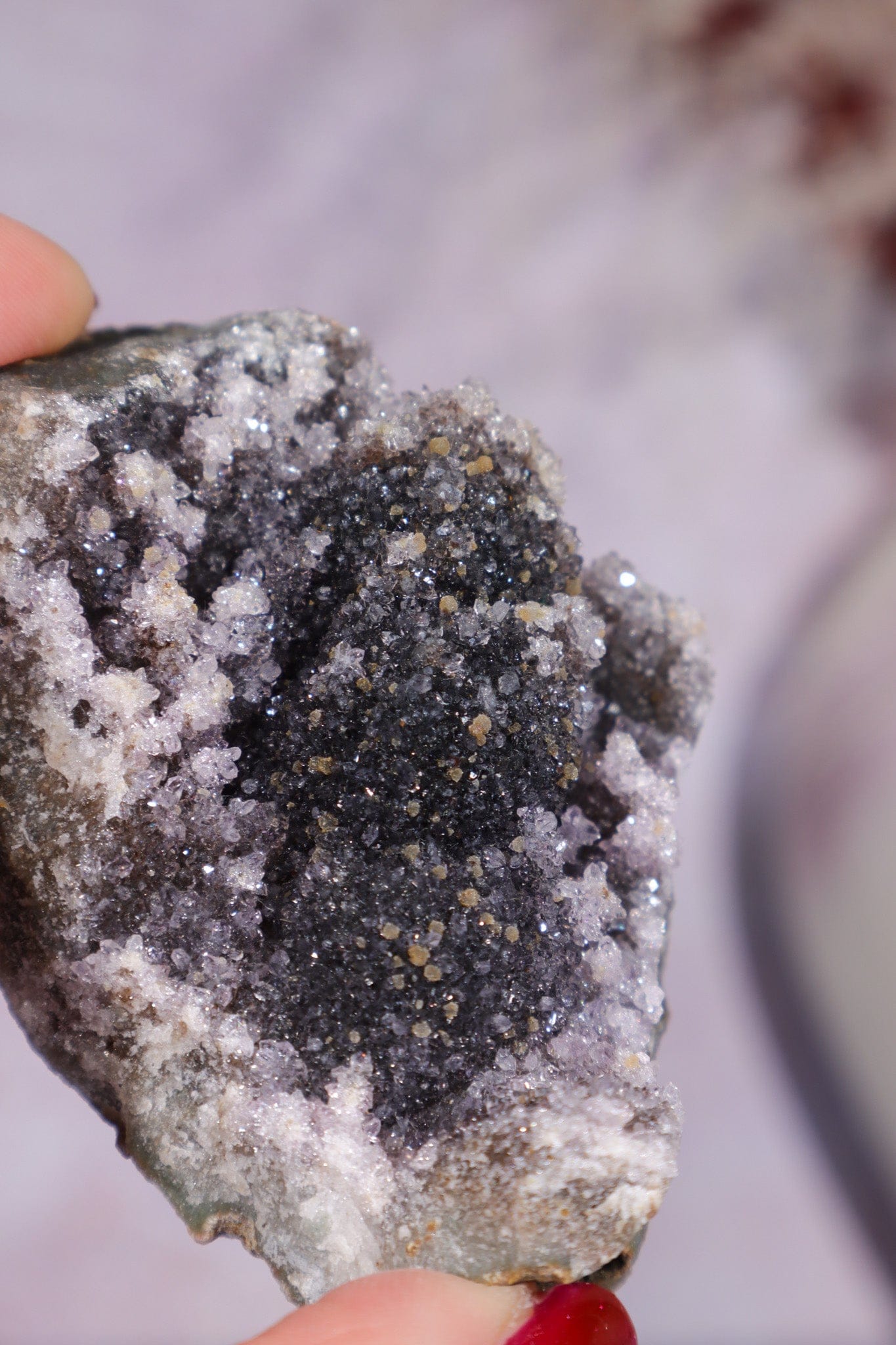 Black Amethyst and Flower Amethyst Specimen with Natural Calcite Dusting 6.5cm, Uruguay Specimen Tali & Loz Crystals