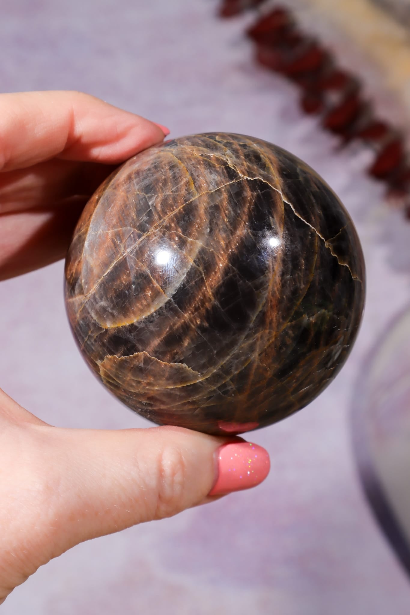 Black Moonstone Sphere 6.2cm, India Towers Tali & Loz Crystals