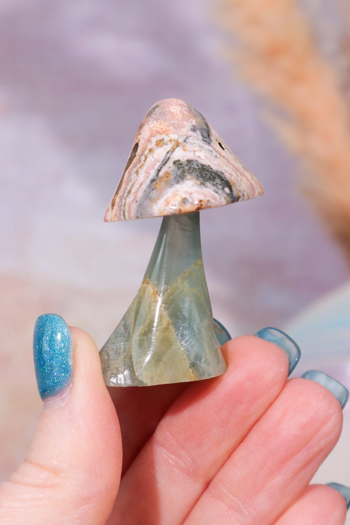 Blue Calcite and Rhodochrosite Mushroom, 28.5gr, Sold As Seen Mushrooms Tali & Loz Crystals