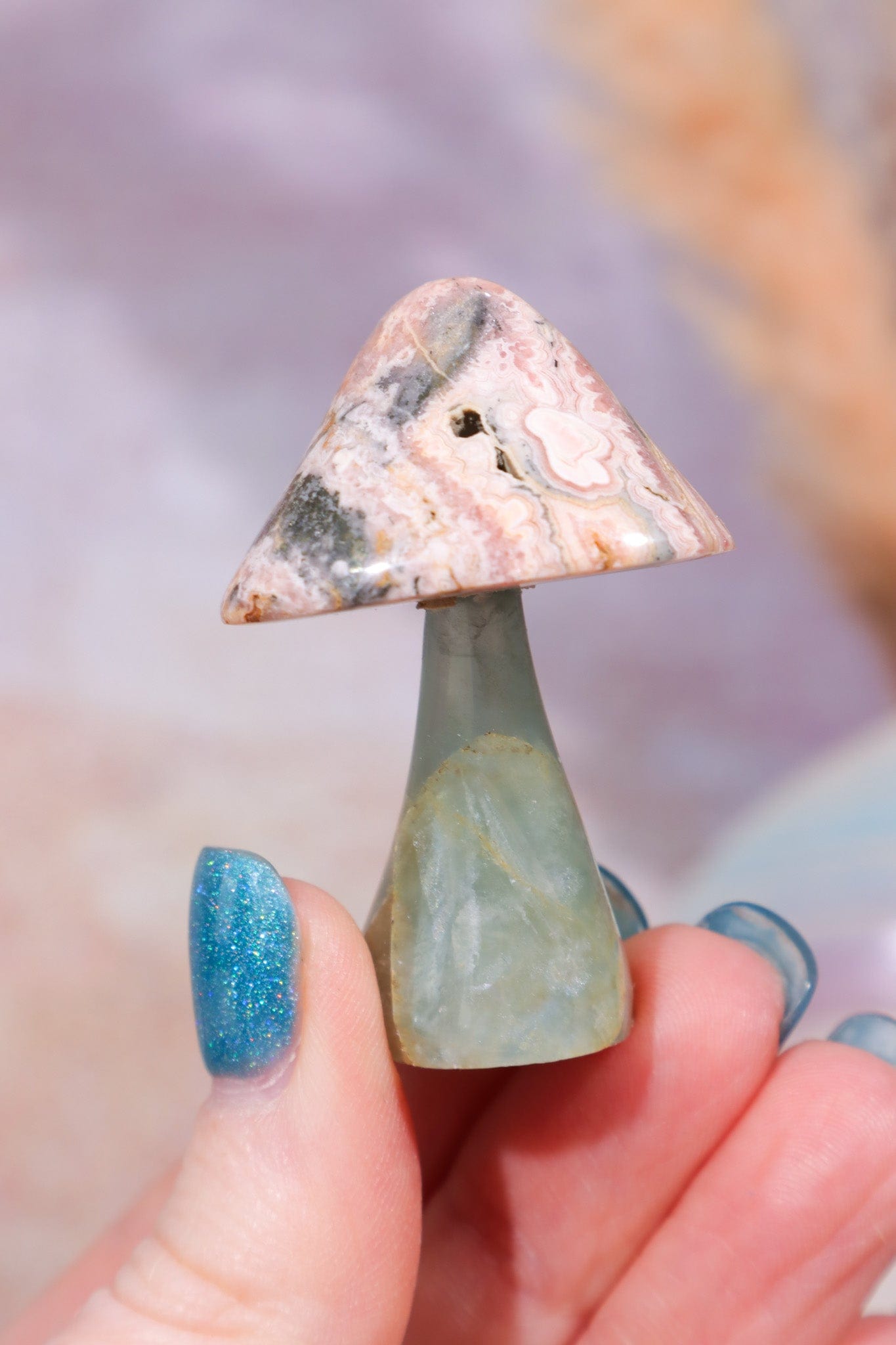 Blue Calcite and Rhodochrosite Mushroom, 28.5gr, Sold As Seen Mushrooms Tali & Loz Crystals