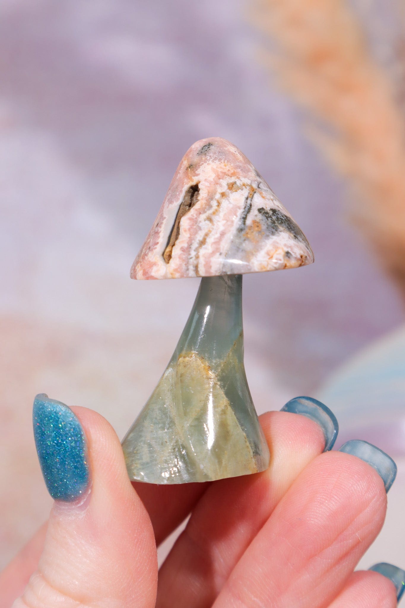 Blue Calcite and Rhodochrosite Mushroom, 28.5gr, Sold As Seen Mushrooms Tali & Loz Crystals