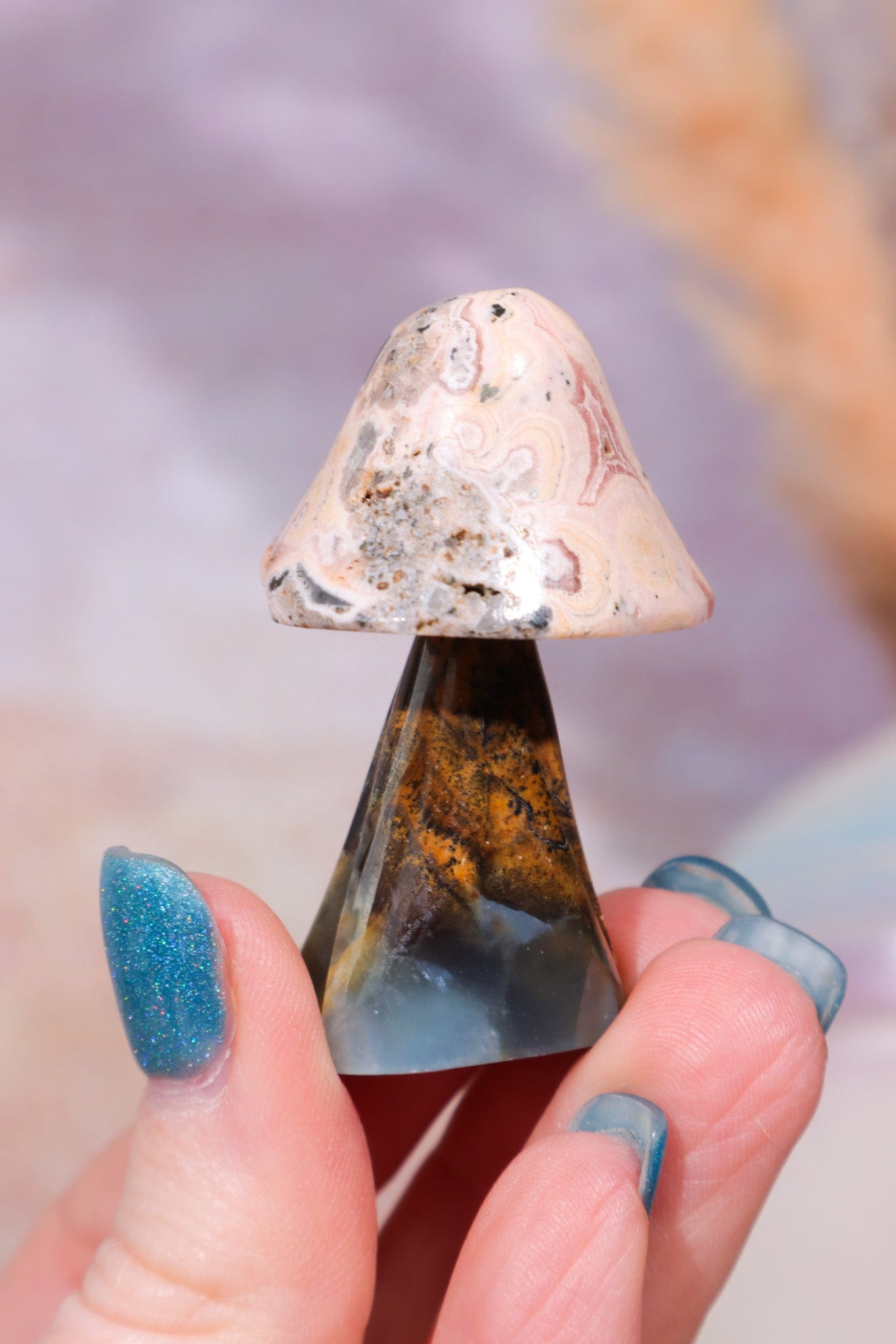 Blue Calcite and Rhodochrosite Mushroom, 31gr, Sold As Seen Mushrooms Tali & Loz Crystals