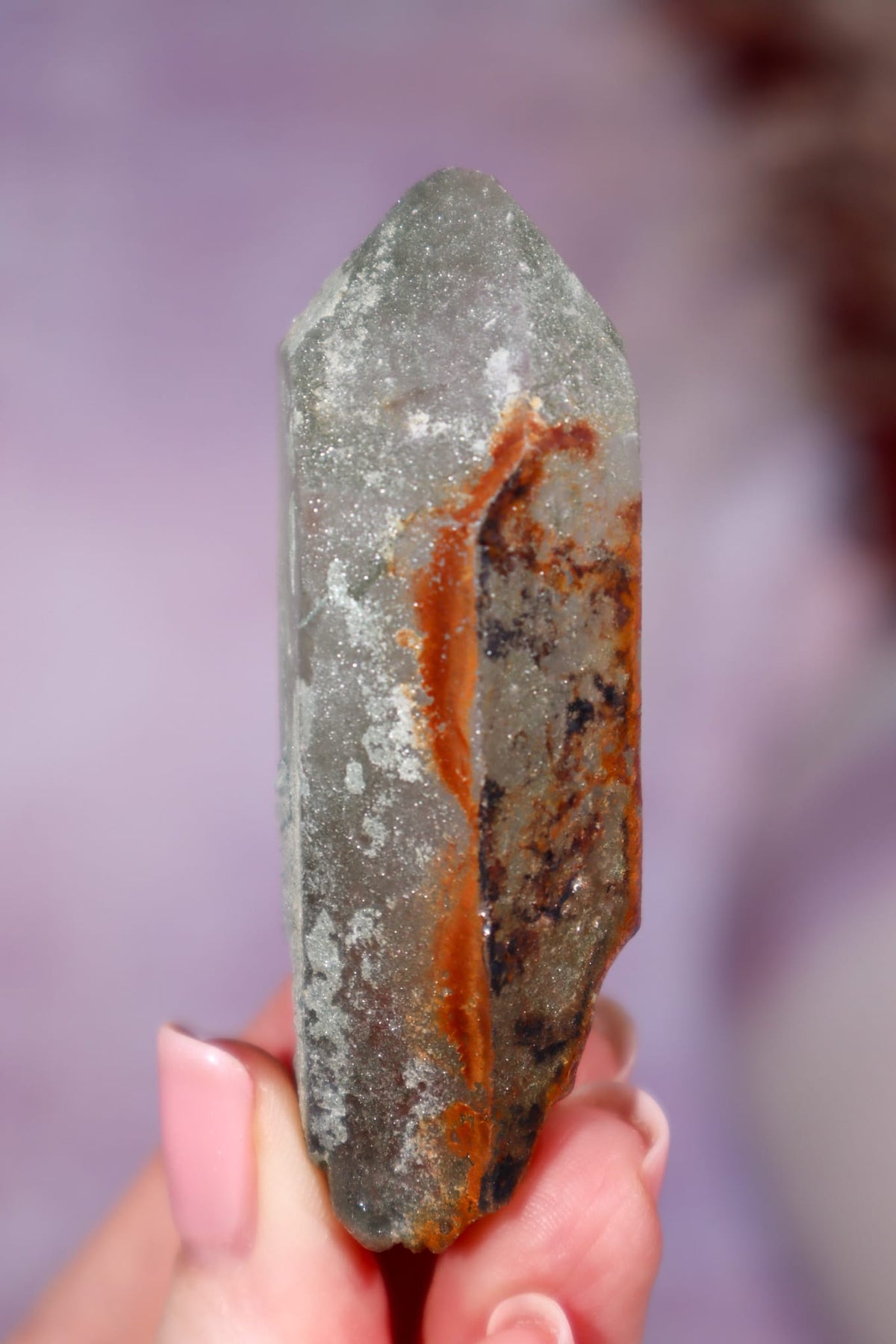 Chlorite in Quartz with Hematite Point | 7cm | Pakistan Points Tali & Loz Crystals