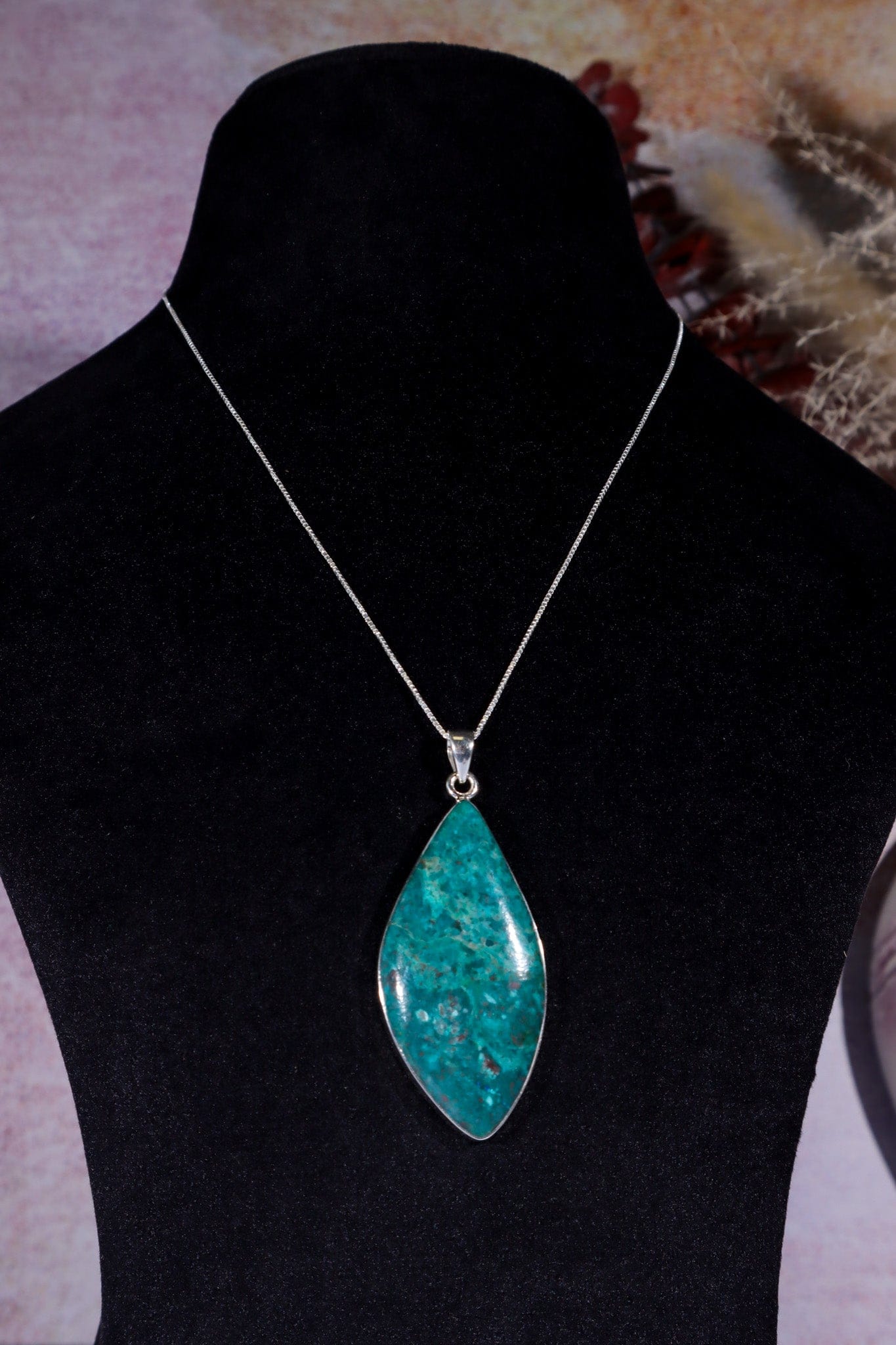 Chrysocolla Pendant 6cm Set In 925 Silver With Chain Jewellery Tali & Loz Crystals