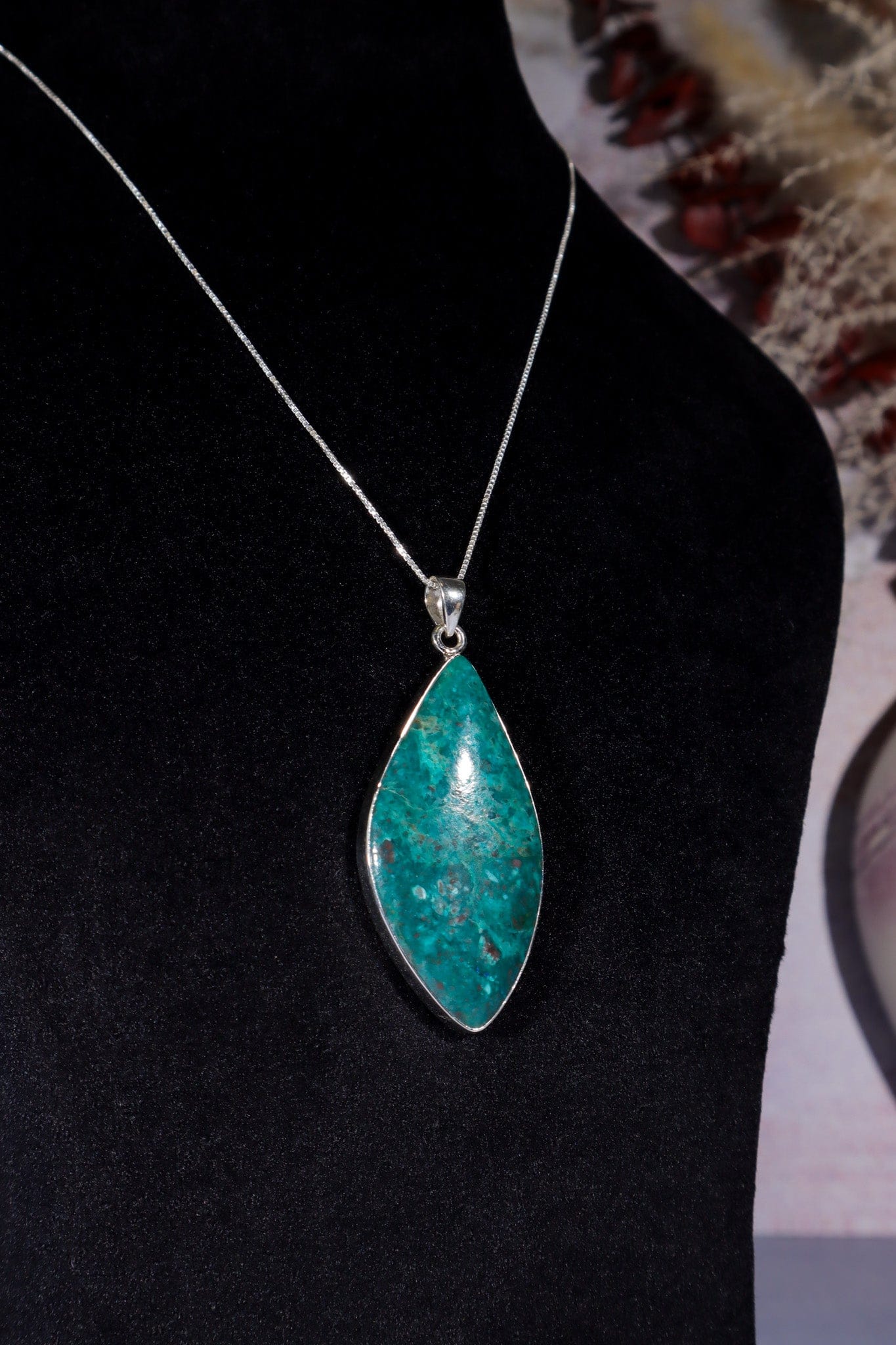 Chrysocolla Pendant 6cm Set In 925 Silver With Chain Jewellery Tali & Loz Crystals