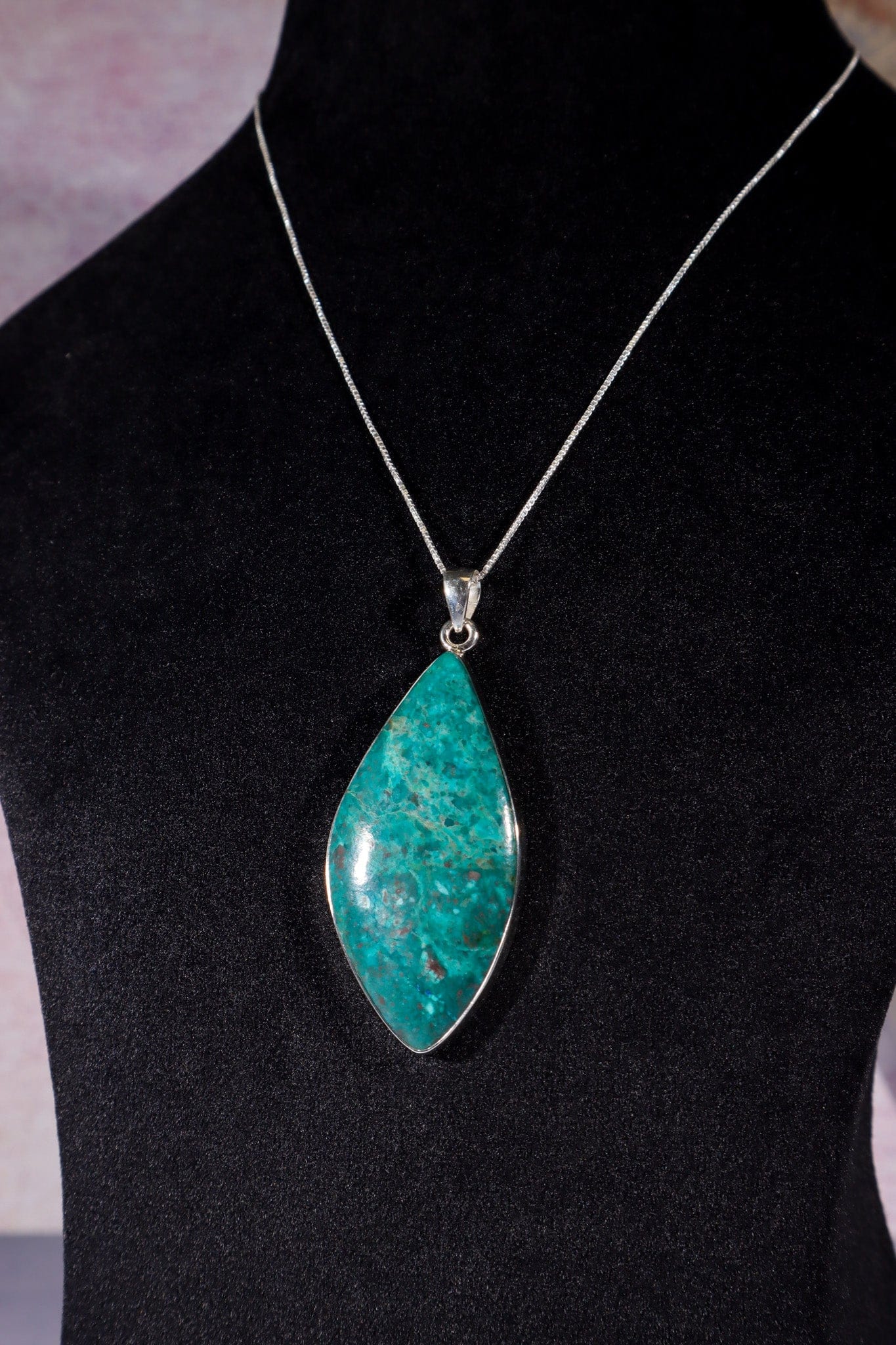 Chrysocolla Pendant 6cm Set In 925 Silver With Chain Jewellery Tali & Loz Crystals