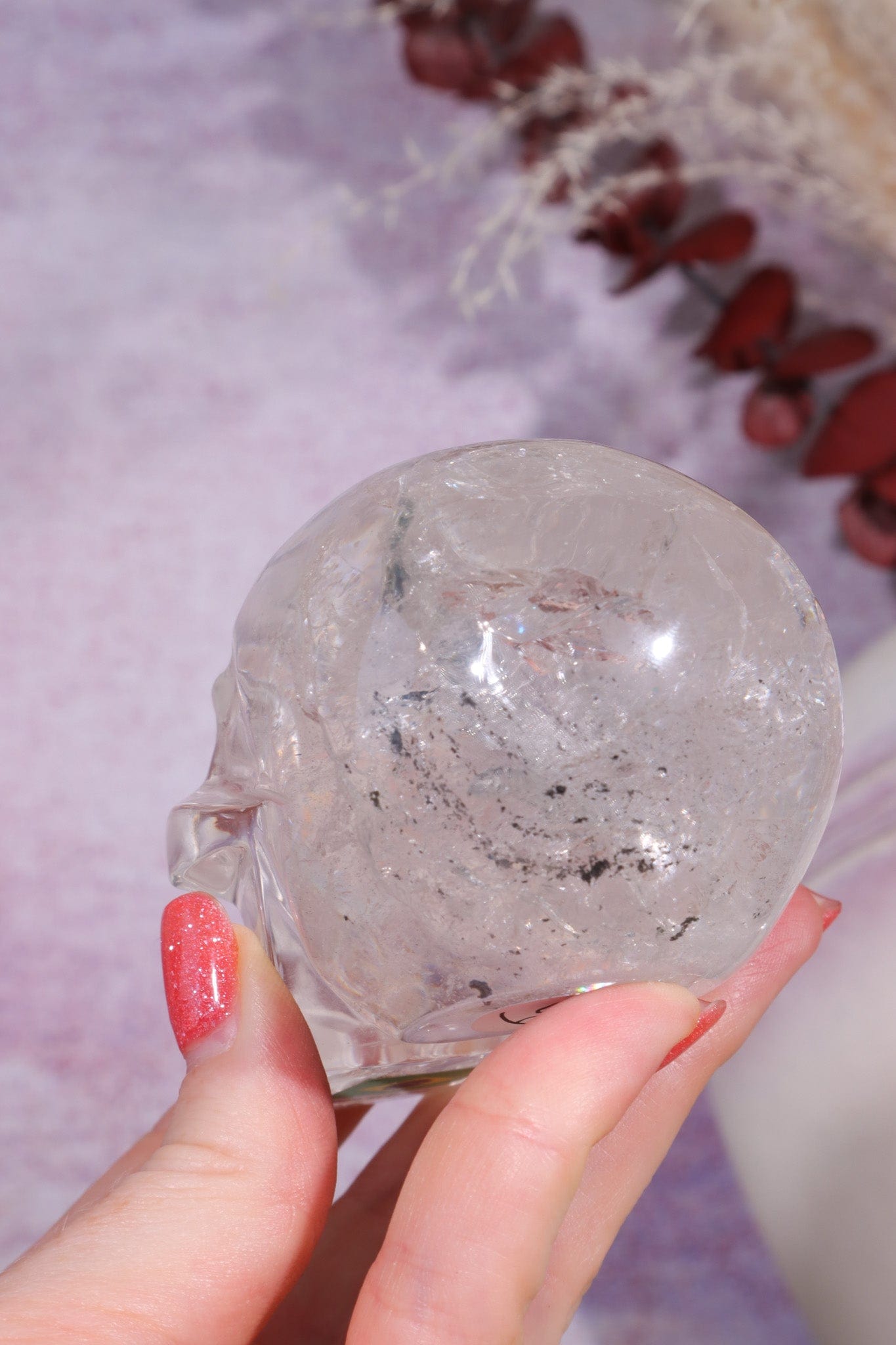 Clear Quartz with Graphite Inclusions Skull Carving Tali & Loz Crystals