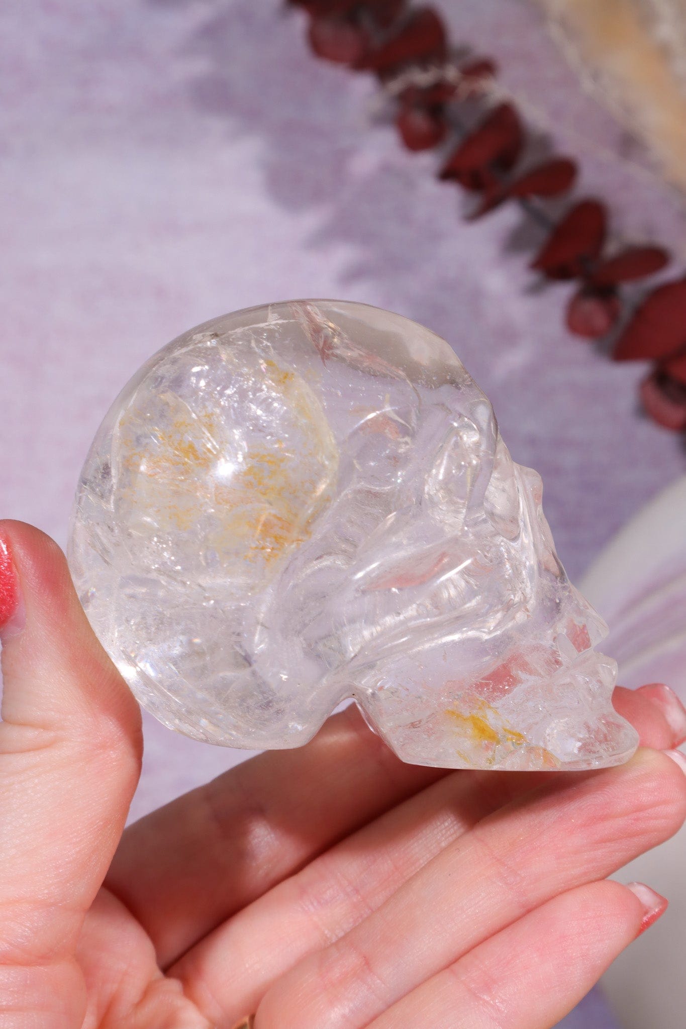 Clear Quartz with Iron Inclusions Skull Carving Tali & Loz Crystals