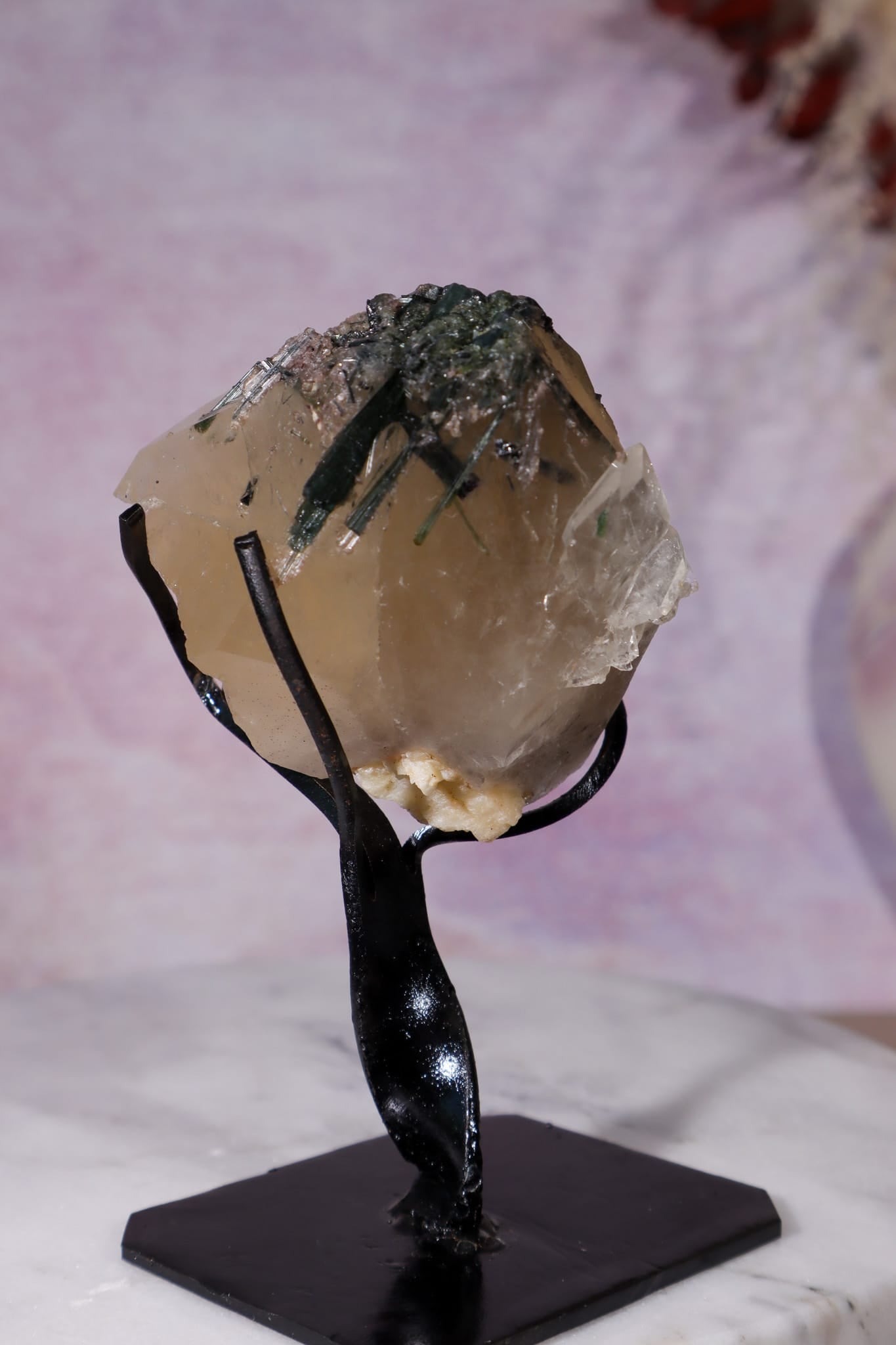 Green Tourmaline in Citrine on Stand 112cm, Brazil Specimen Tali & Loz Crystals