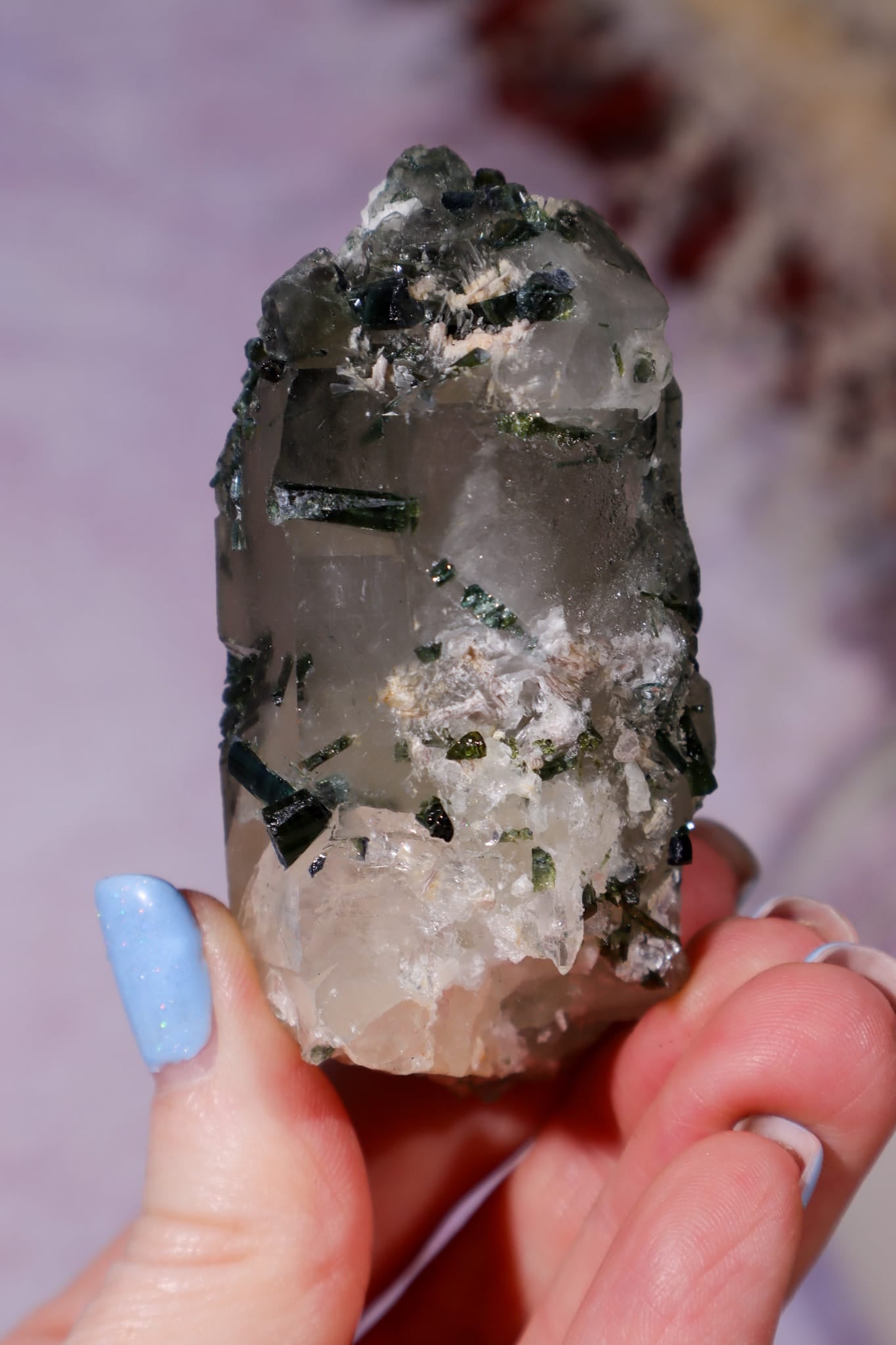 Green Tourmaline in Smokey Quartz on Stand 12cm, Brazil Specimen Tali & Loz Crystals