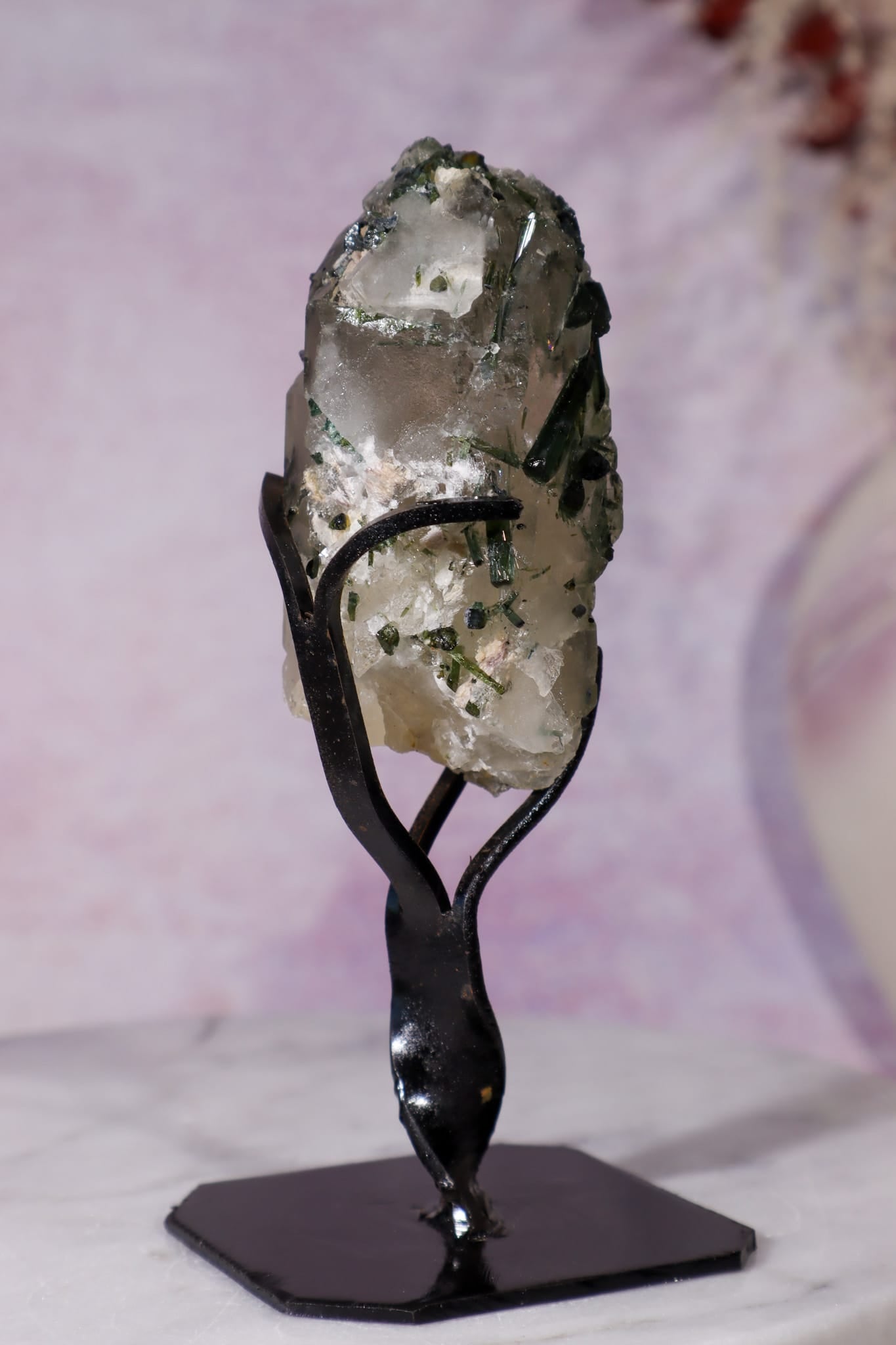 Green Tourmaline in Smokey Quartz on Stand 12cm, Brazil Specimen Tali & Loz Crystals