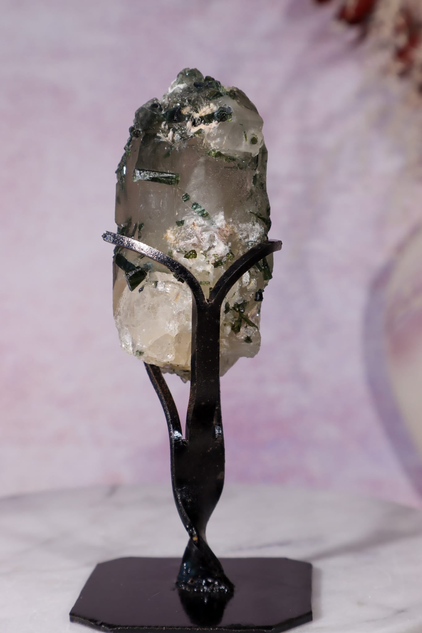 Green Tourmaline in Smokey Quartz on Stand 12cm, Brazil Specimen Tali & Loz Crystals