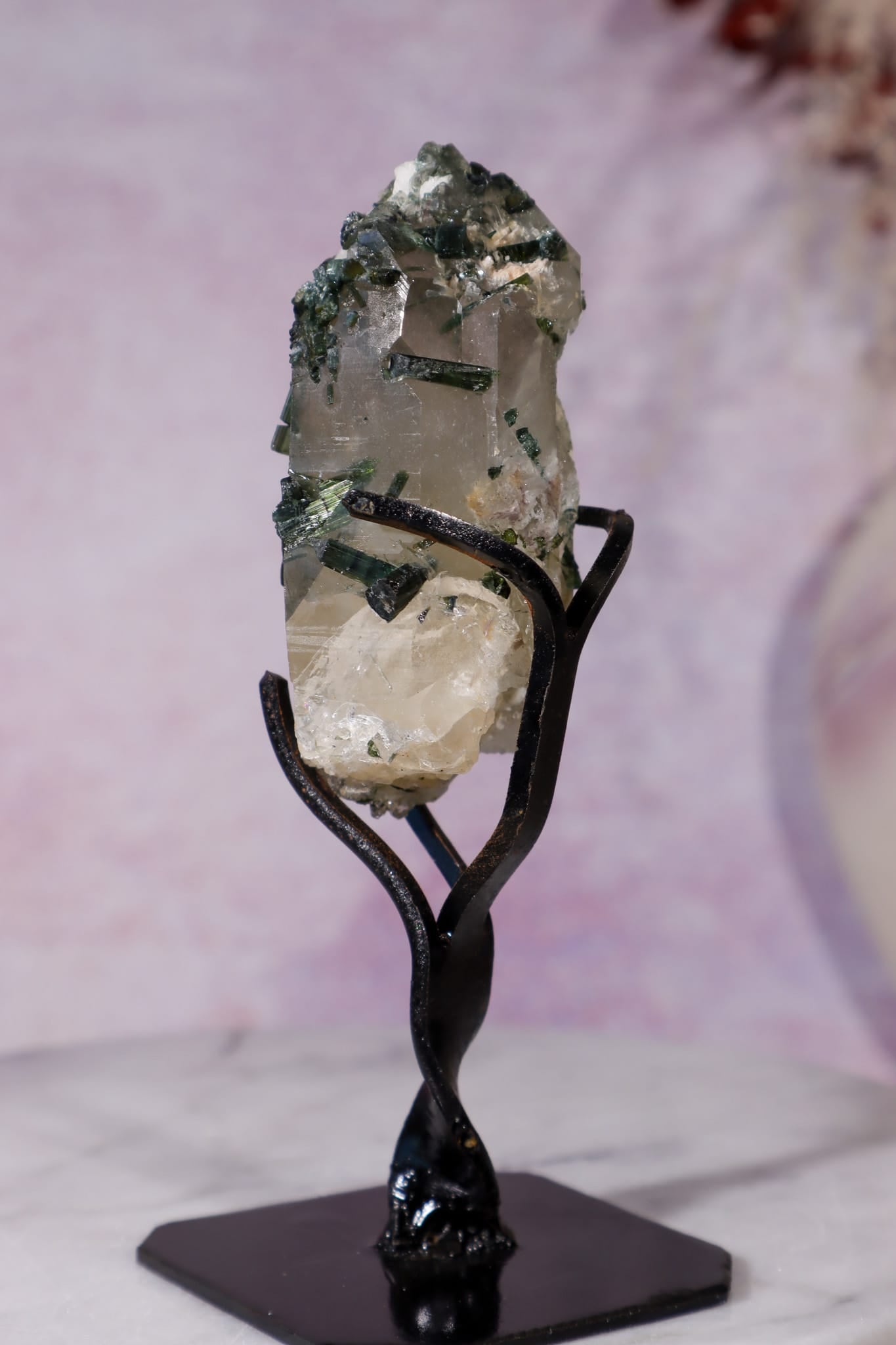 Green Tourmaline in Smokey Quartz on Stand 12cm, Brazil Specimen Tali & Loz Crystals