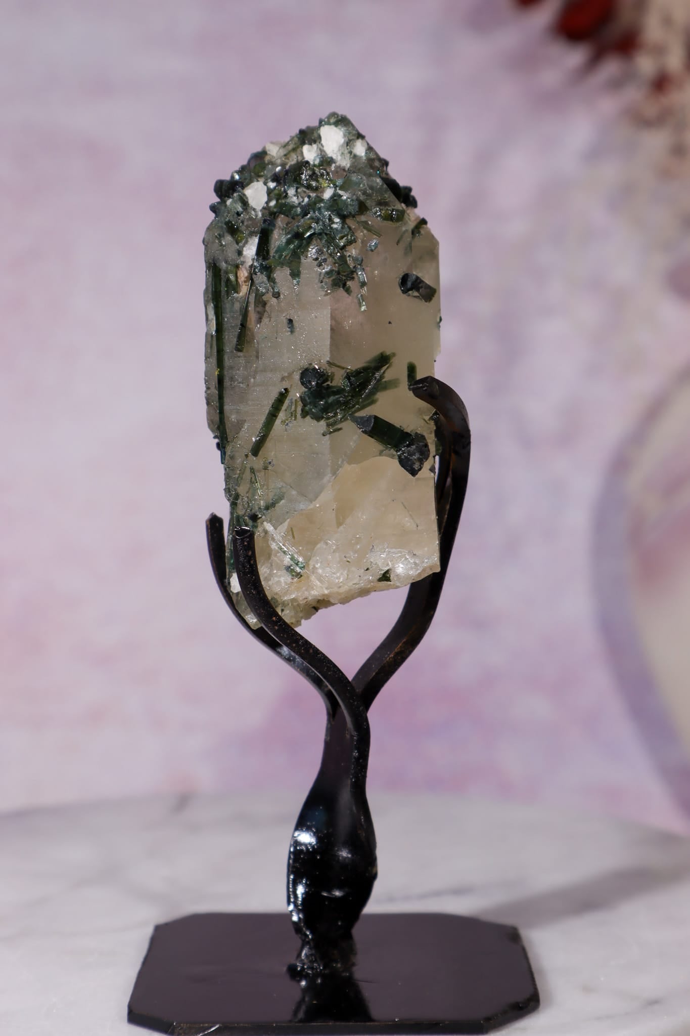 Green Tourmaline in Smokey Quartz on Stand 12cm, Brazil Specimen Tali & Loz Crystals