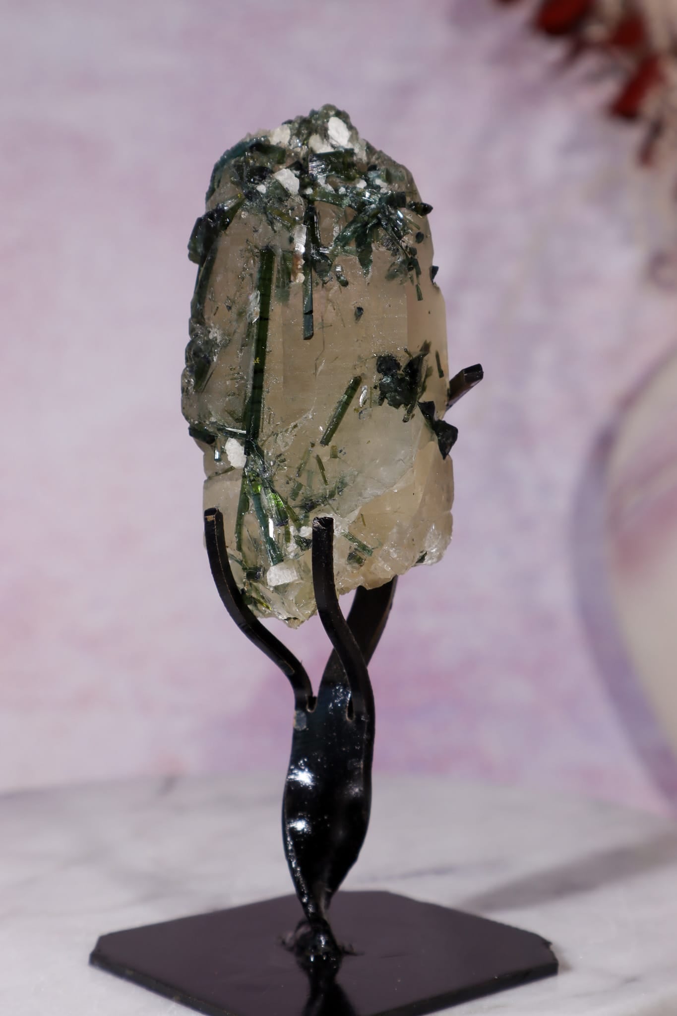 Green Tourmaline in Smokey Quartz on Stand 12cm, Brazil Specimen Tali & Loz Crystals