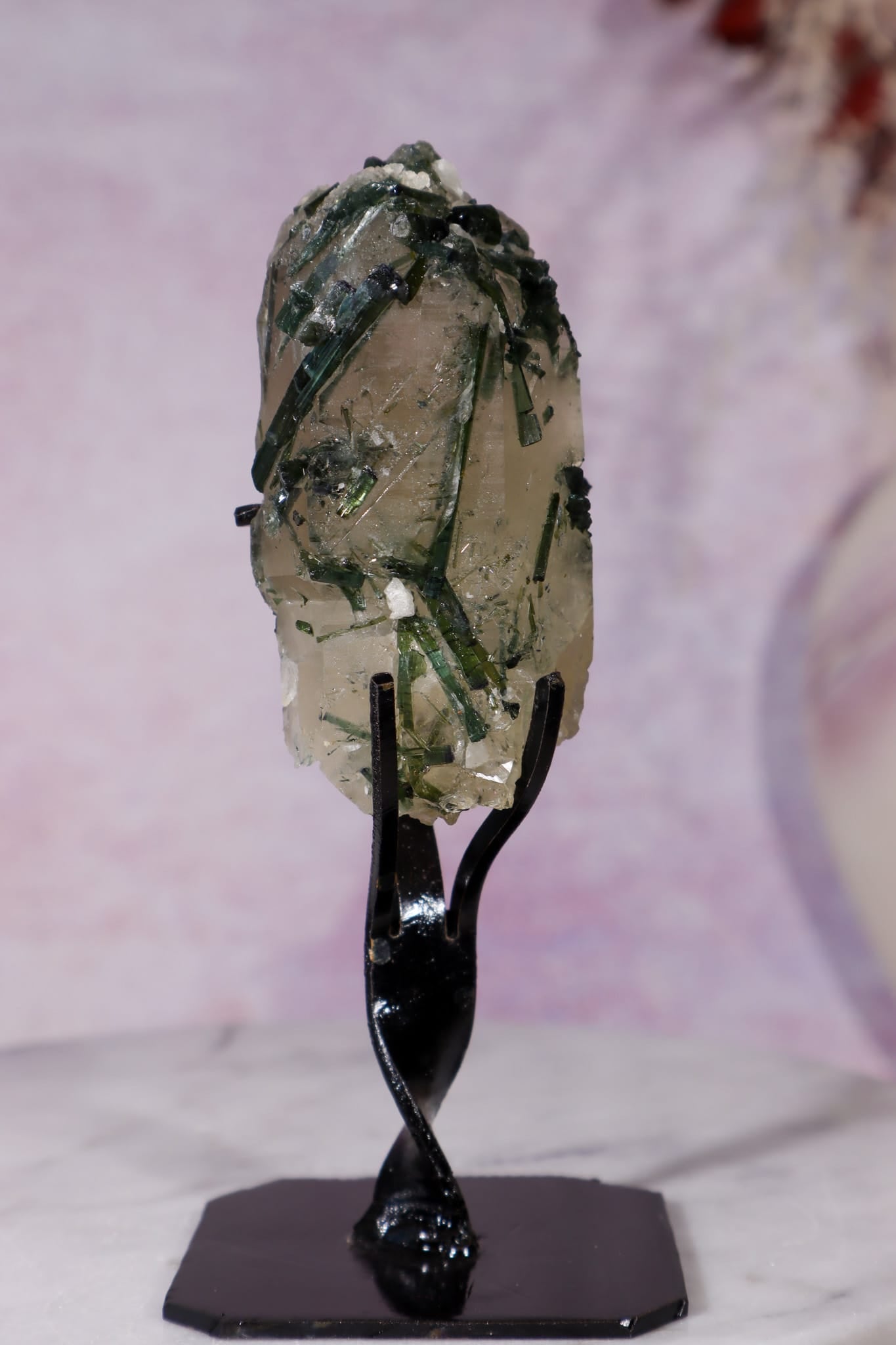 Green Tourmaline in Smokey Quartz on Stand 12cm, Brazil Specimen Tali & Loz Crystals
