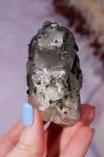 Green Tourmaline in Smokey Quartz on Stand 12cm, Brazil Specimen Tali & Loz Crystals