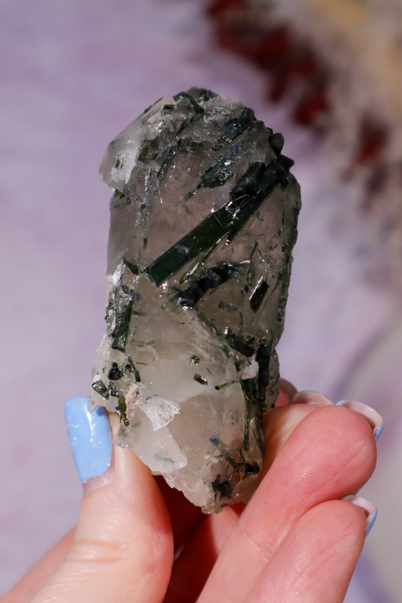 Green Tourmaline in Smokey Quartz on Stand 12cm, Brazil Specimen Tali & Loz Crystals