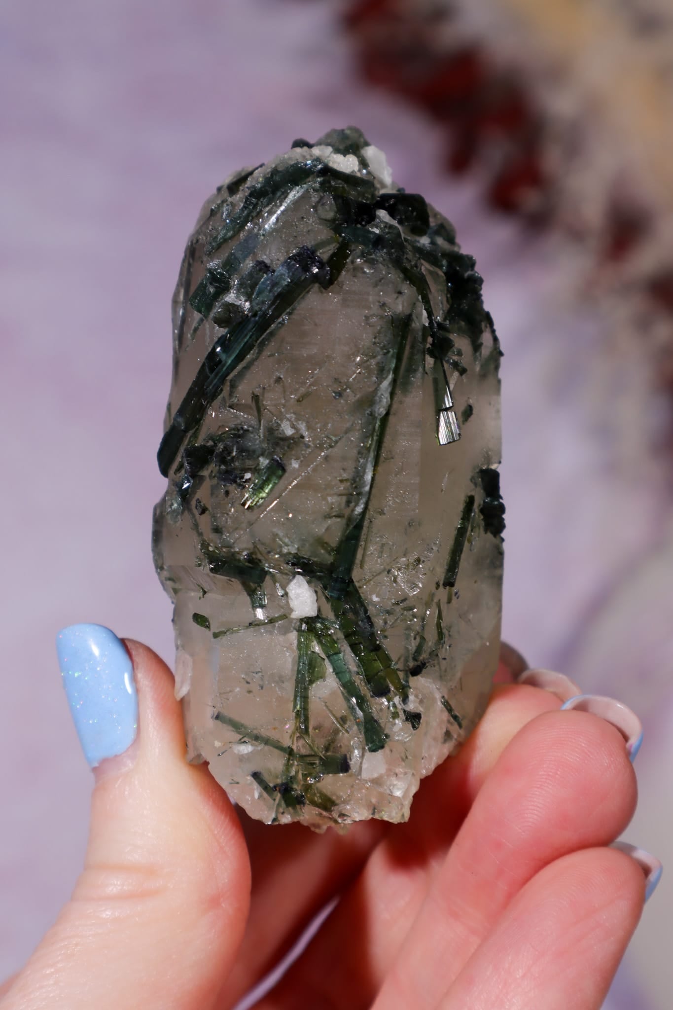 Green Tourmaline in Smokey Quartz on Stand 12cm, Brazil Specimen Tali & Loz Crystals