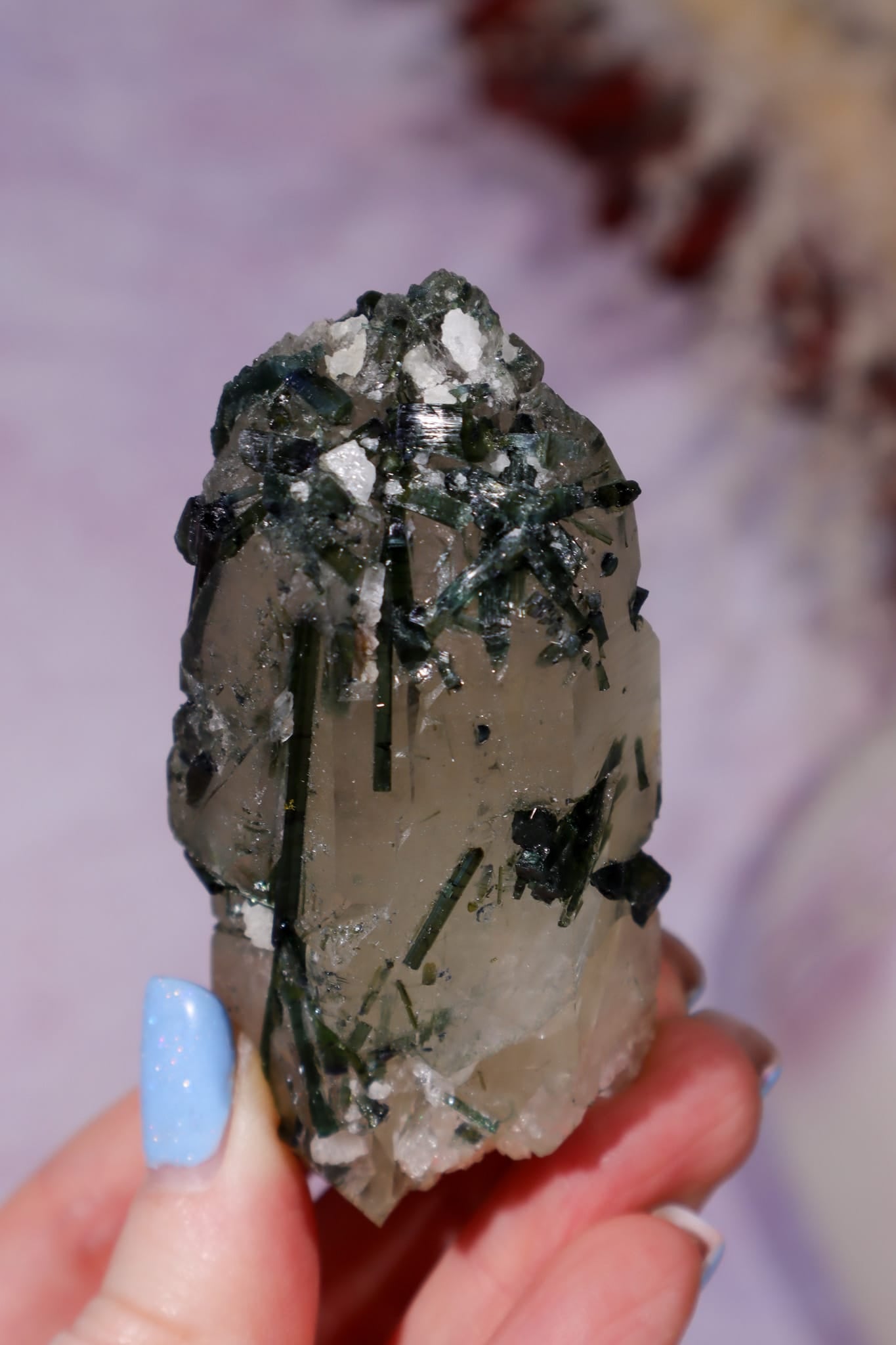 Green Tourmaline in Smokey Quartz on Stand 12cm, Brazil Specimen Tali & Loz Crystals
