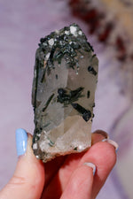 Green Tourmaline in Smokey Quartz on Stand 12cm, Brazil Specimen Tali & Loz Crystals
