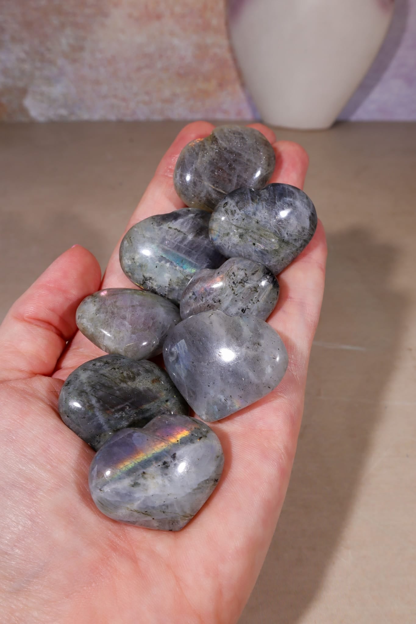 Labradorite Hearts | Large 3.5x3cm | Light Base | Madagascar Hearts Tali & Loz Crystals